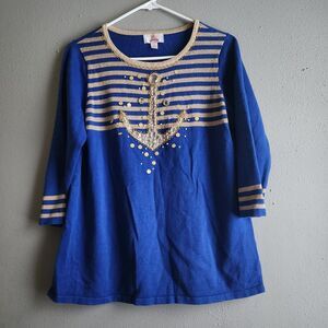 Med Quacker Factory Anchor Nautical Pullover Sweater Rhinestone Bling Blue Gold